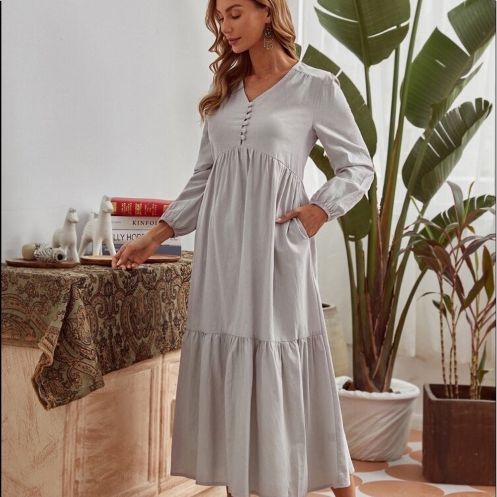 #55  Maxi Long Sleeve Grey Button V Bohemian Linen Feel Gray Prairie Dress - Picture 3 of 10